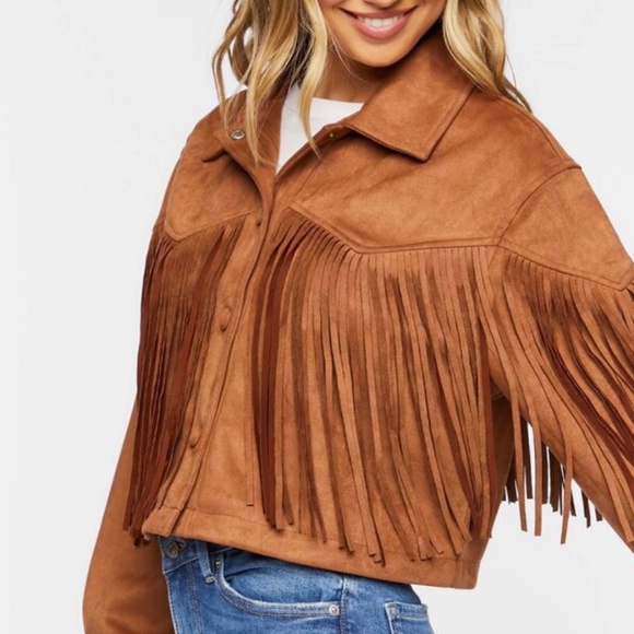 Forever 21 Faux Suede Fringe Trucker Jacket Camel - Picture 5 of 6